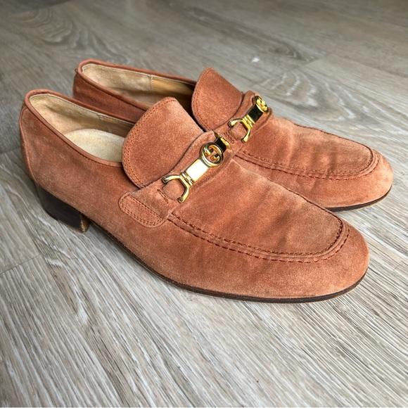 Vintage 80s Gucci Carmel Suede Leather Loafers 41.5 US 8.5 unisex women’s US 10 - Picture 5 of 16